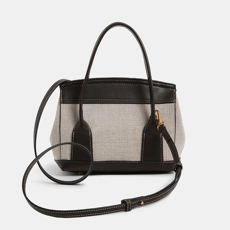 Canvas Patchwork Supply 2026 New Model Women's Beige Linen Handbag Cross-Border European and American Fashion Color-Blocking Commuter Shoulder Crossbody Bag