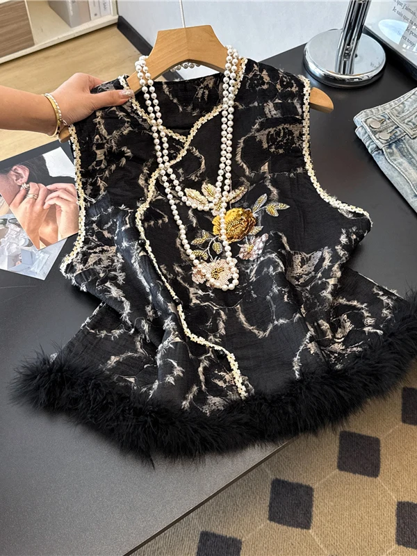 

Ele Chinese Sle Women's Vest Bird Feather Patchwork Asymmetrical Pearl Button Stand Collar Svel Top