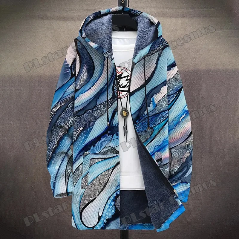 Men's Winter Fashion Long Hooded Coat Marble Art Abstract Ocean And Hills 3D Printed Plush Thick Long-sleeved Fleece Jacket Coat