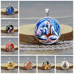 God Shiva Vishnu Hinduism Glass Cabochon Pendant Necklace Men Women Silver Color Chain Necklace Indian Jewelry