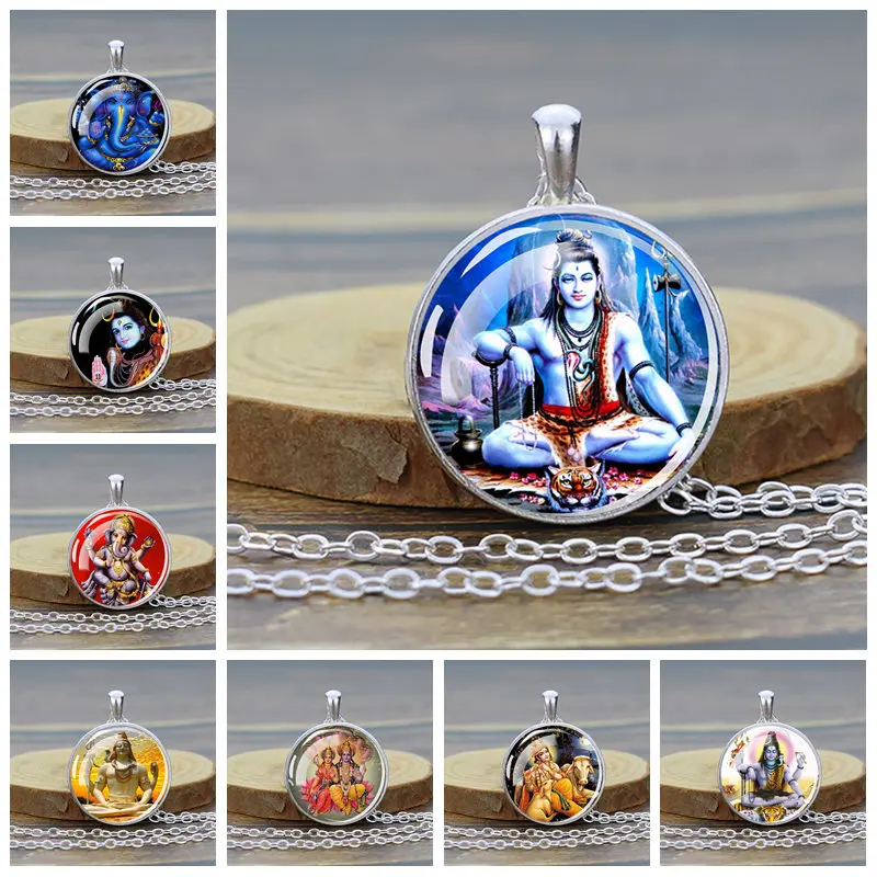 Bóg Shiva Vishnu hinduizm wisiorek ze szklanym kaboszonem naszyjnik mężczyźni kobiety kolor srebrny naszyjnik łańcuch indyjska biżuteria