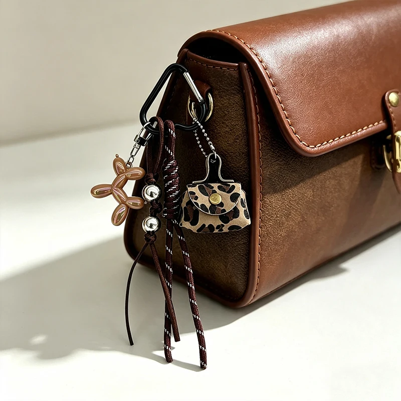 Trendy Leopard Print Purse Keychain Bag Pendant Accesories for Handbag and Backpack Maillard Braid Rope Decor