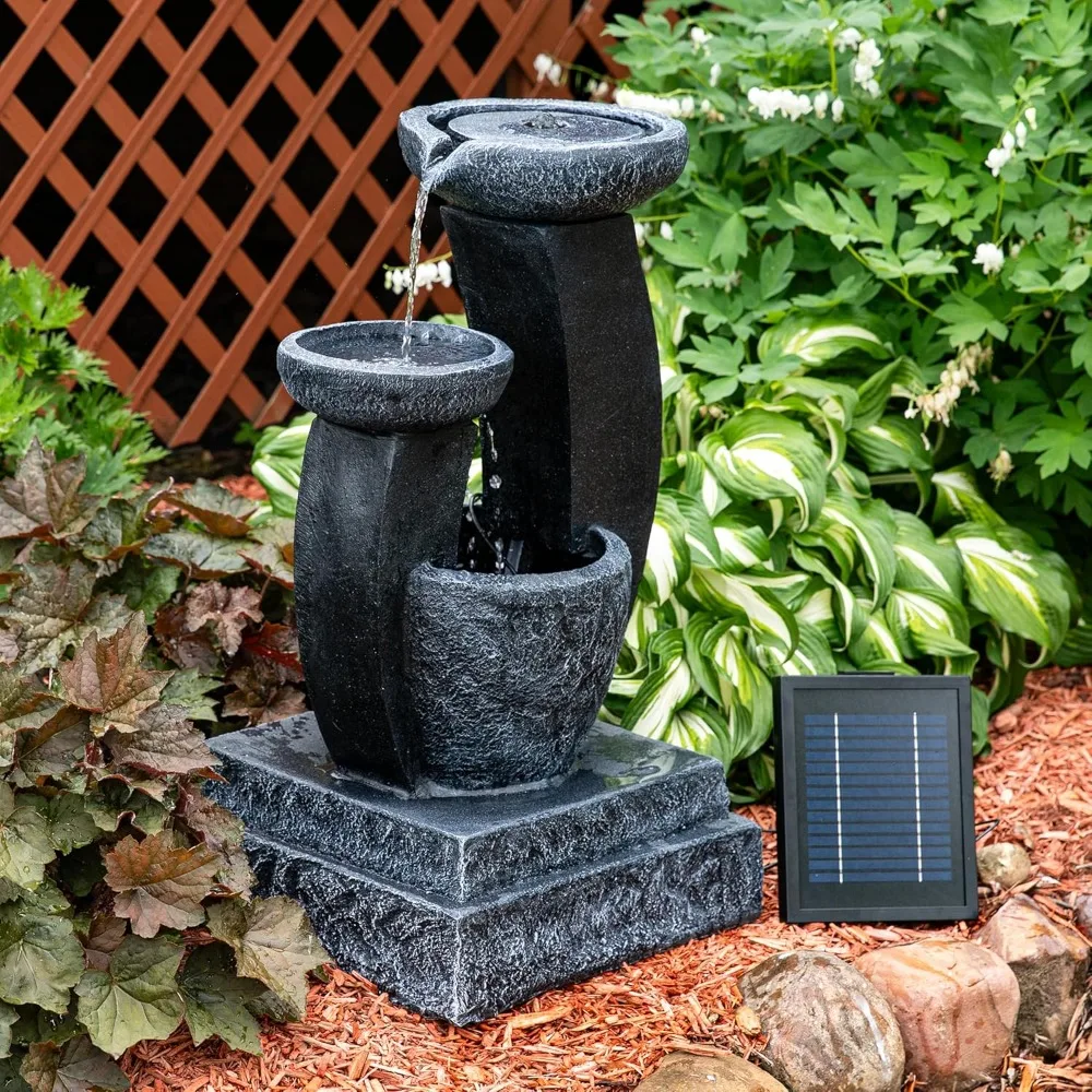 

Modern Cascading Bowls 28-Inch Solar Water Fountain with Battery Backup and LED Lights, Submersible Pump