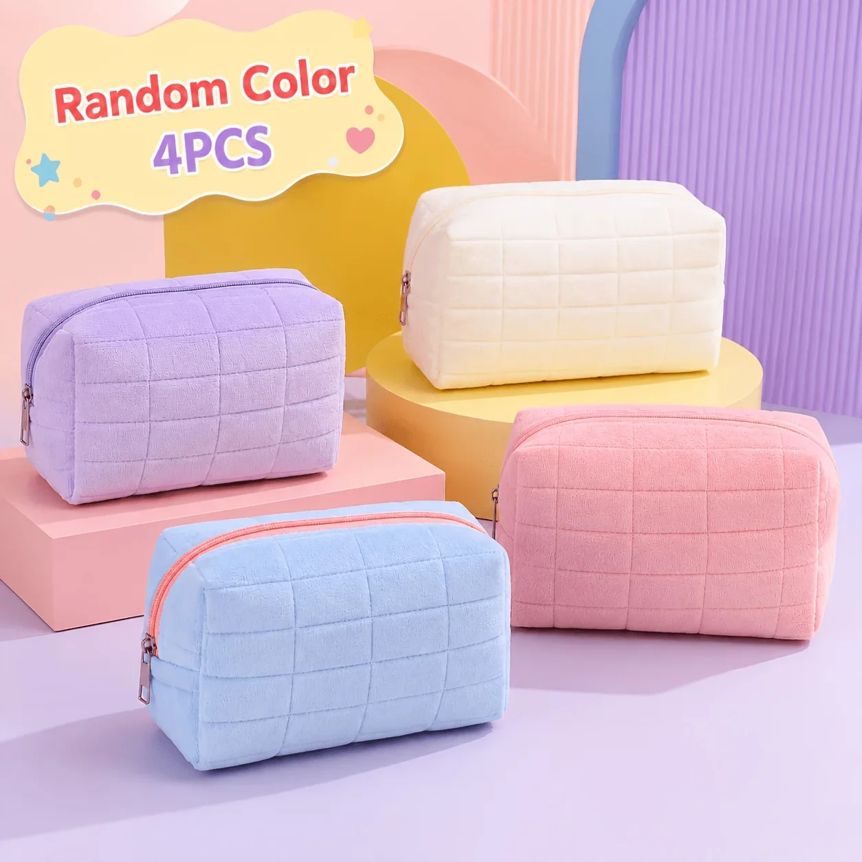 Set of 4 Random Color Soft Checkered Makeup Bags, Large Capacity Multi-functional Portable Travel Skincare and Toiletry Pouch.