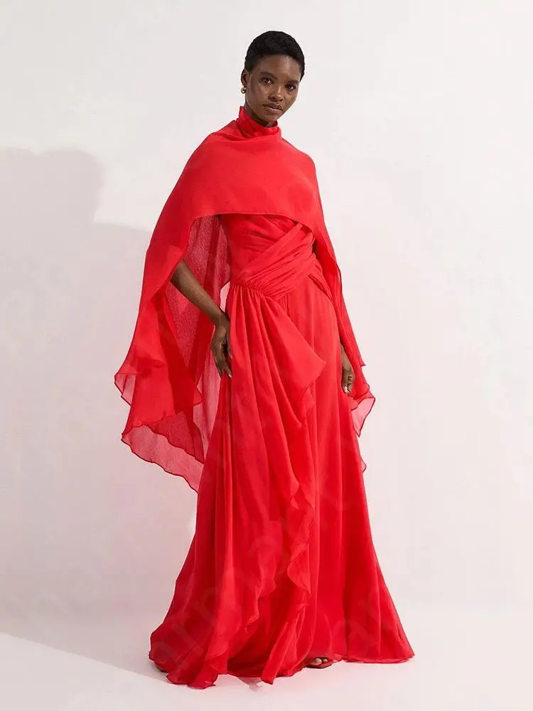 Aangepaste vintage rode avondjurken met cape galajurken hoge hals bruiloftsgastjurken open rug ruches in de uitverkoop