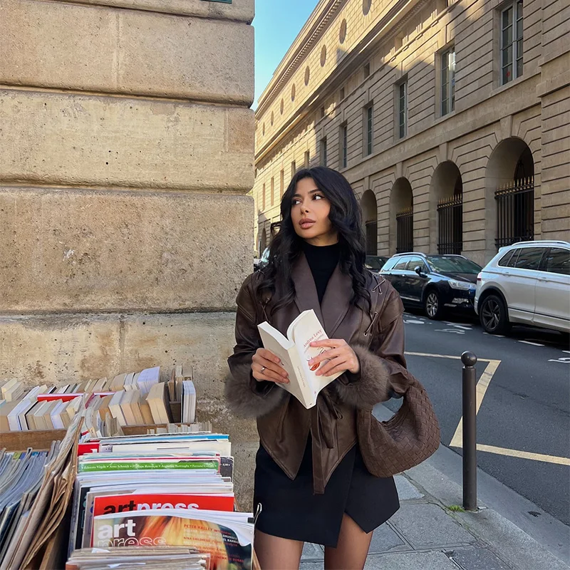 Lace Up Women's Jacket Lapel Long Sleeve Furry Cuffs Short Leather Coat Autumn Winter Outwear 2025 New Fashion Lady Jackets