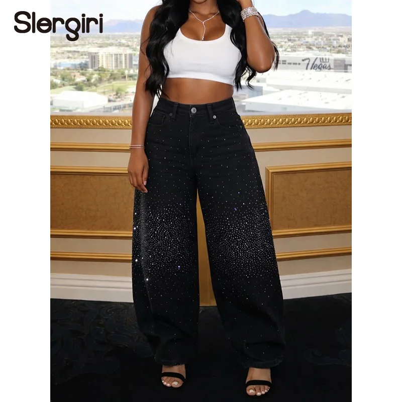 

Slergiri Black Heavy Industry Rhinestone Wide Leg Jeans Women Fashion New 2026 Summer High Waist Y2k Baggy Straight Leg Pants