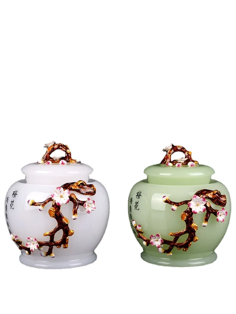 

Jade Porcelain Enamel Color Tea Pot Large Pu'er Sealed Jar Household Storage Tank Tea Jar Gift Box