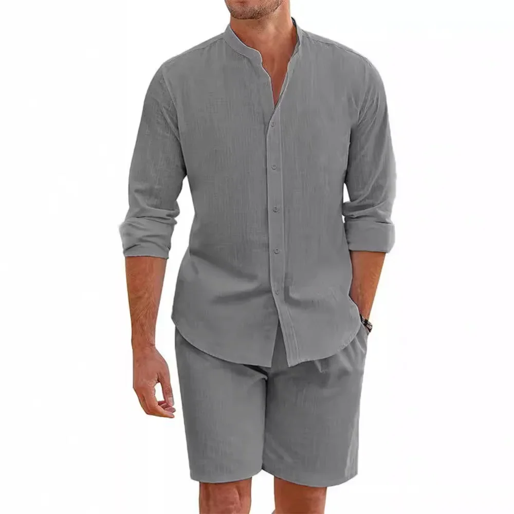 2 pcs Sets Men\'s Summer Cotton Linen Shirt and Shorts Cardigan Simple Casual Beach Shirts Comfortable Hawaii Wear