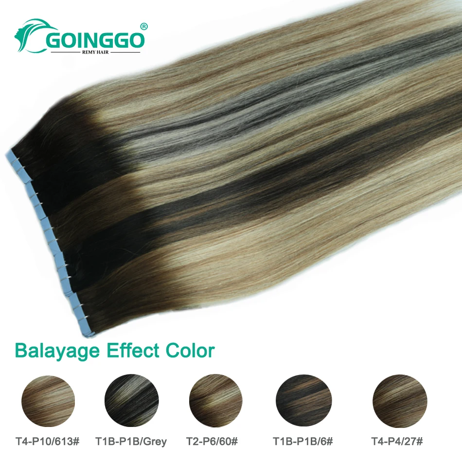 Balayage-Cinta en extensiones de cabello, cabello humano Natural, negro, resaltado, Marrón castaño, cinta adhesiva de trama de piel Ins, 2,5 g/pc