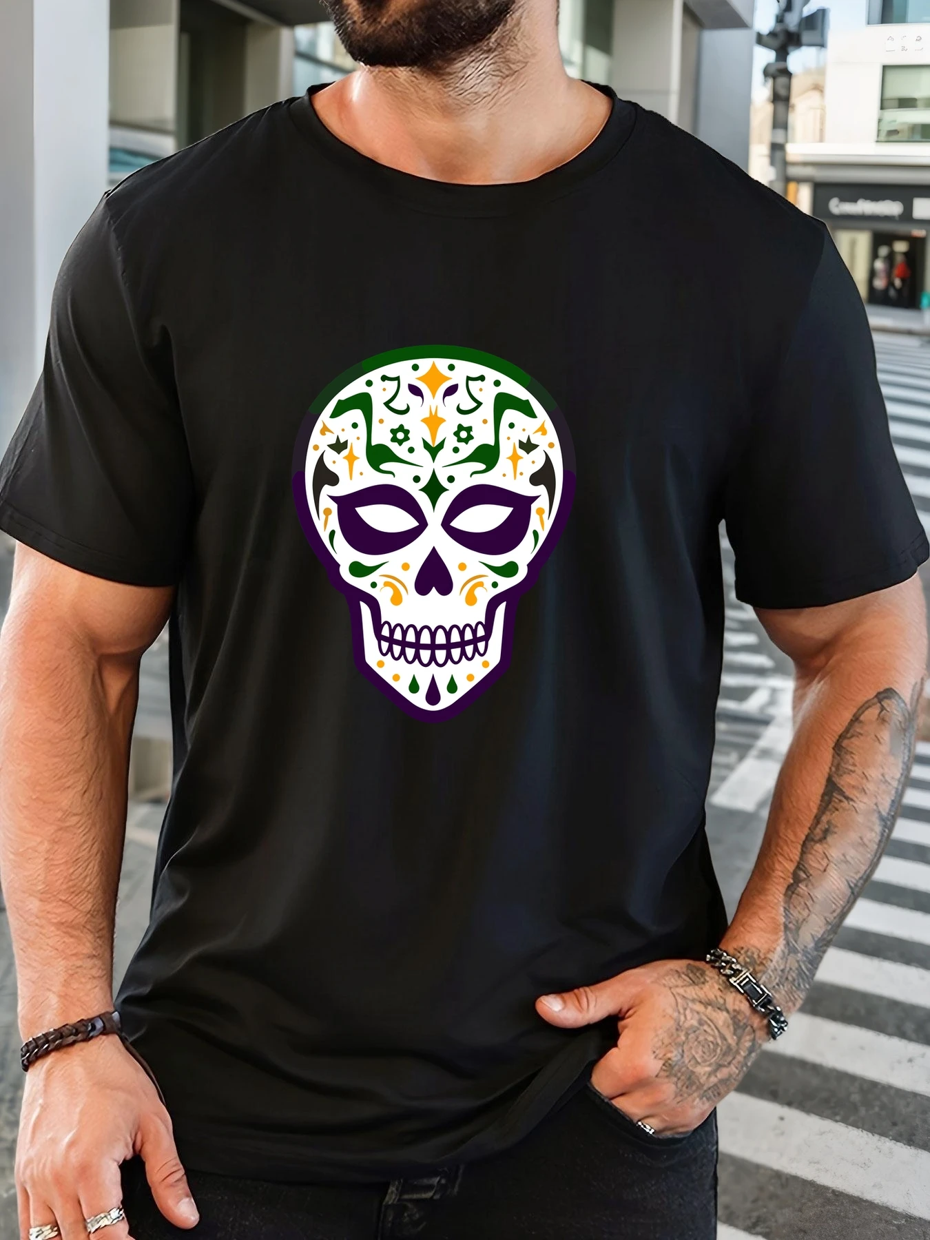 

T-Shirt Print 100% Cotton Skull Pattern Summer Round Neck Leisure Breathable Men's Short Sleeves Loose Cotton Tee Daily Top