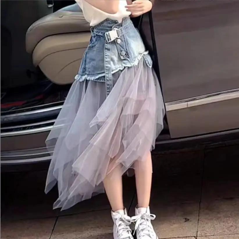 Children Tutu Skirts Girl Mesh Patchwork Denim Skirts Autumn Summer New High Waist Fashion Dress Kids Design Skirts Teenage 1342