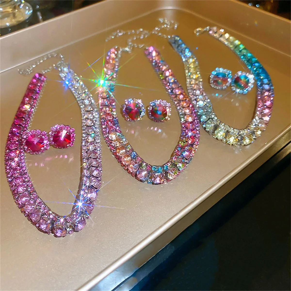 FYUAN Luxury Crystal Necklace Earrings Set Pink Purple colourful Necklace for Women Weddings Party Jewelry Sets Accessories