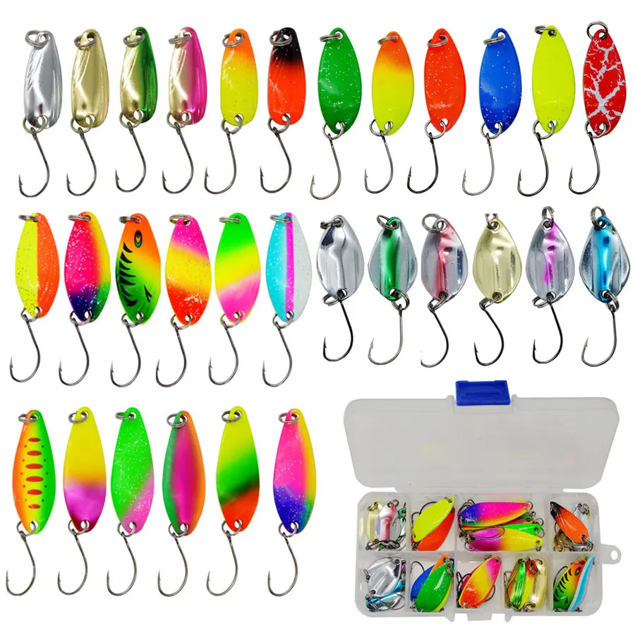 JYJ 30pcs a box 2.5g/3.5g/4g/5g colorful metal fishing lure set spoon bait for trout ,walleyes,and perch wobble spinner lure set