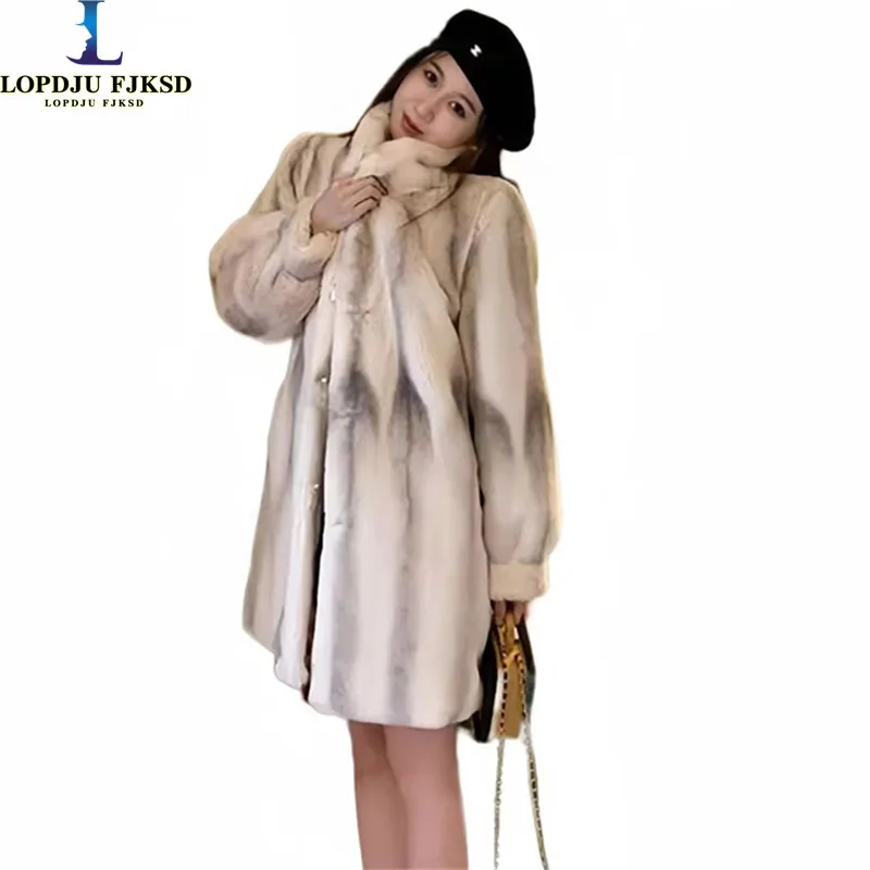 Mink Faux Fur Coat for Women,Single Breasted Jackets,O-Neck Overcoat,England Style, Female Clothes, Winter,New, 2024