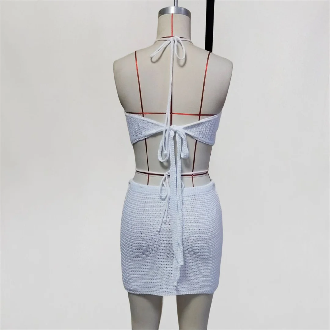 Ausgeschnittenes Halterneck-Häkel-Strick-Zweiteiler-Set, Tunika, Strand-Cover-up, Strandkleid, Strandmode, Damen V8229 – Detail 8