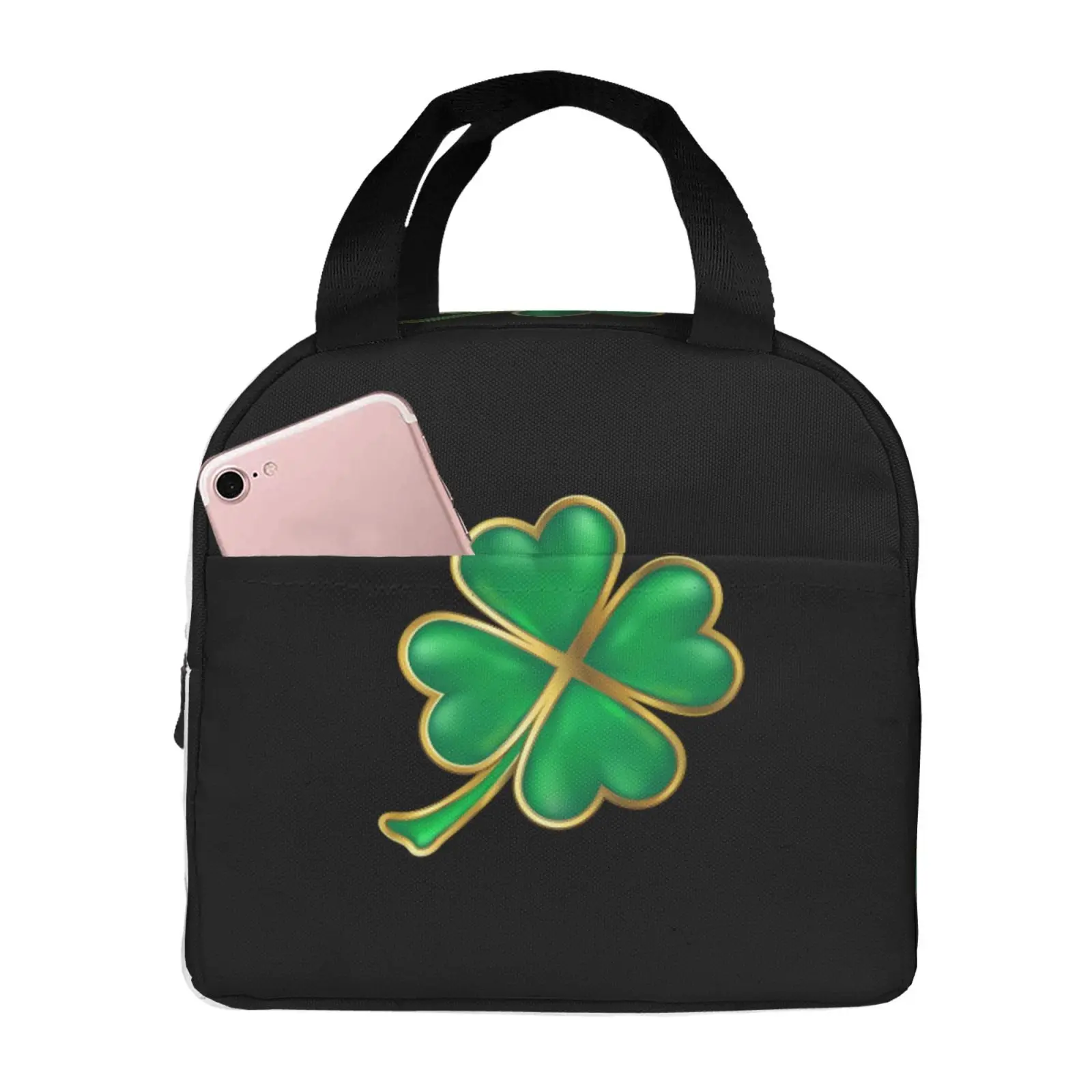 Cute St. Patrick's Day Lucky Shamrocks Lunch Tote Bag Insulated Leakproof Lunch Box Container with Front Pocket for Girls Boys