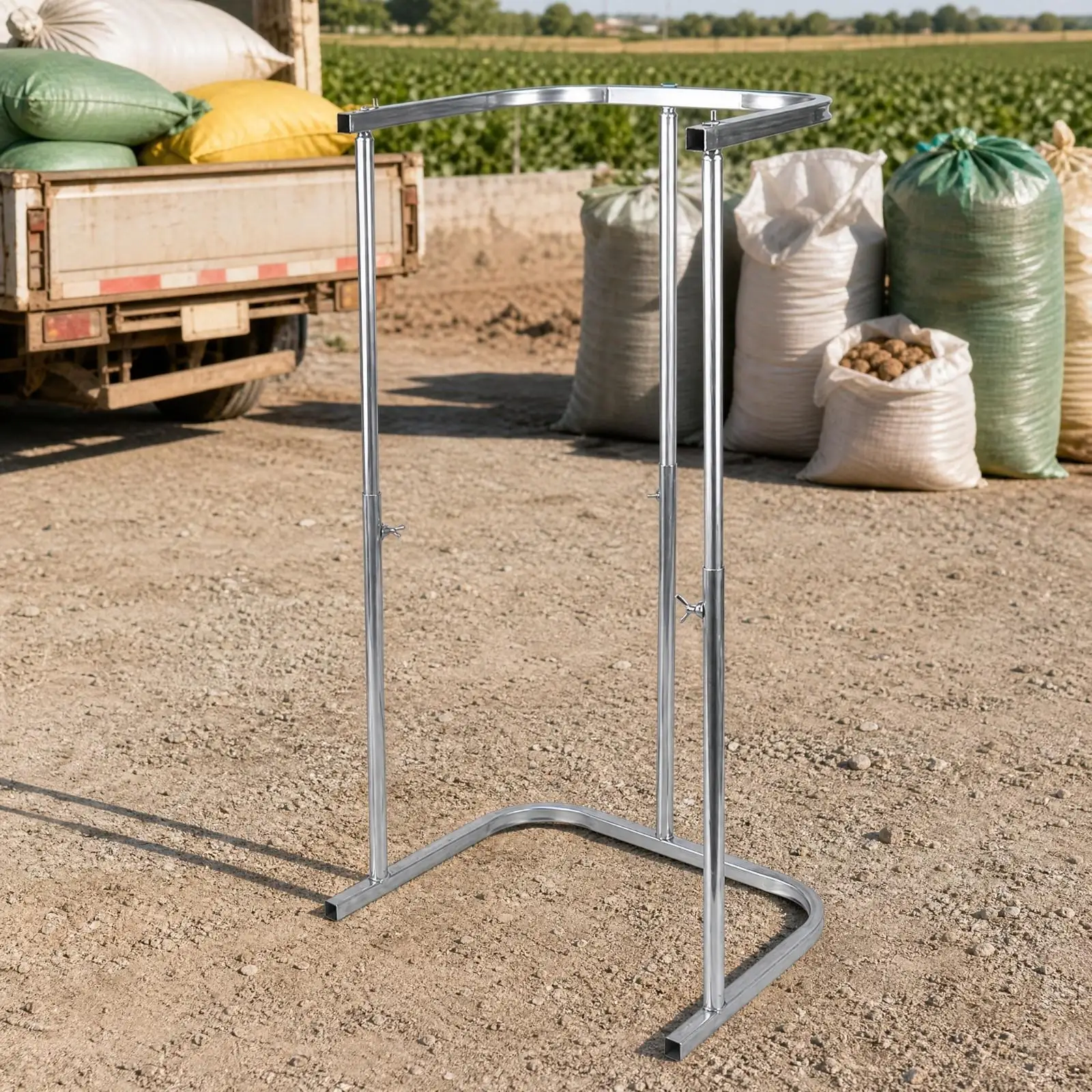 Adjustable Metal Bag Support Frame for Grain Sacks Galvanized Stand with Wing Knob Fasteners for Farm Packing