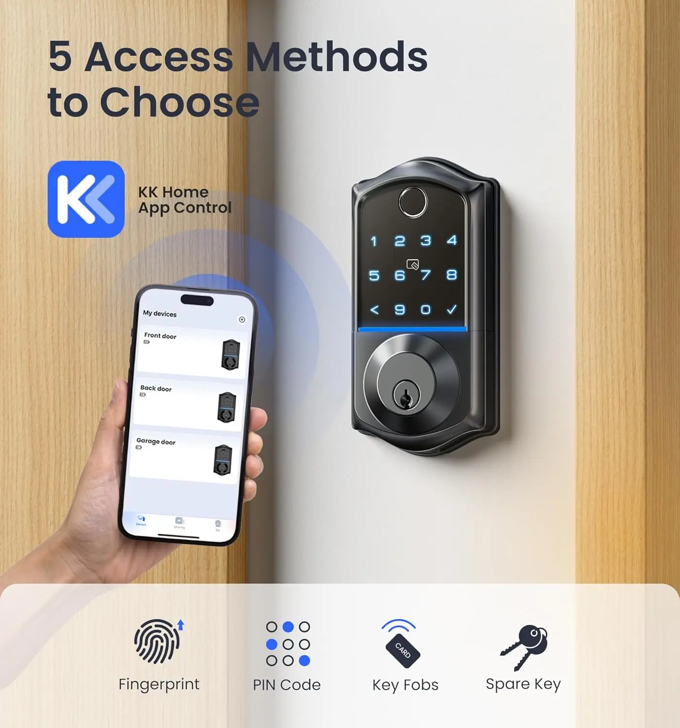 Veise VE017 قفل الباب الذكي ببصمة الإصبع، التحكم في التطبيق، دخول بدون مفتاح 7 في 1، قفل تلقائي، منفذ طاقة في حالات الطوارئ