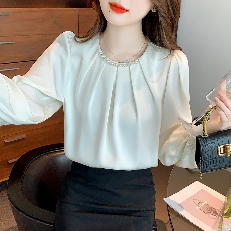 New Fashion Beading O-Neck Chiffon Blouse Shirt Women Tops Blouses Blusas Mujer De Moda 2024 Long Sleeve Blouse Women Blusa G879