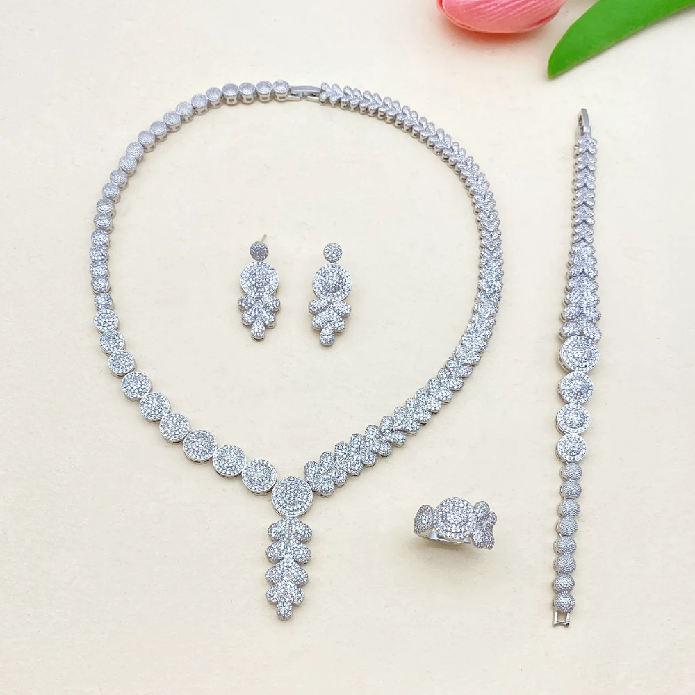 

Flora Luxury Cubic Zirconia Jewelry 4-Piece Set Gold Plated Copper Bracelet Ring Necklace Earrings Senegal Bridal Wedding