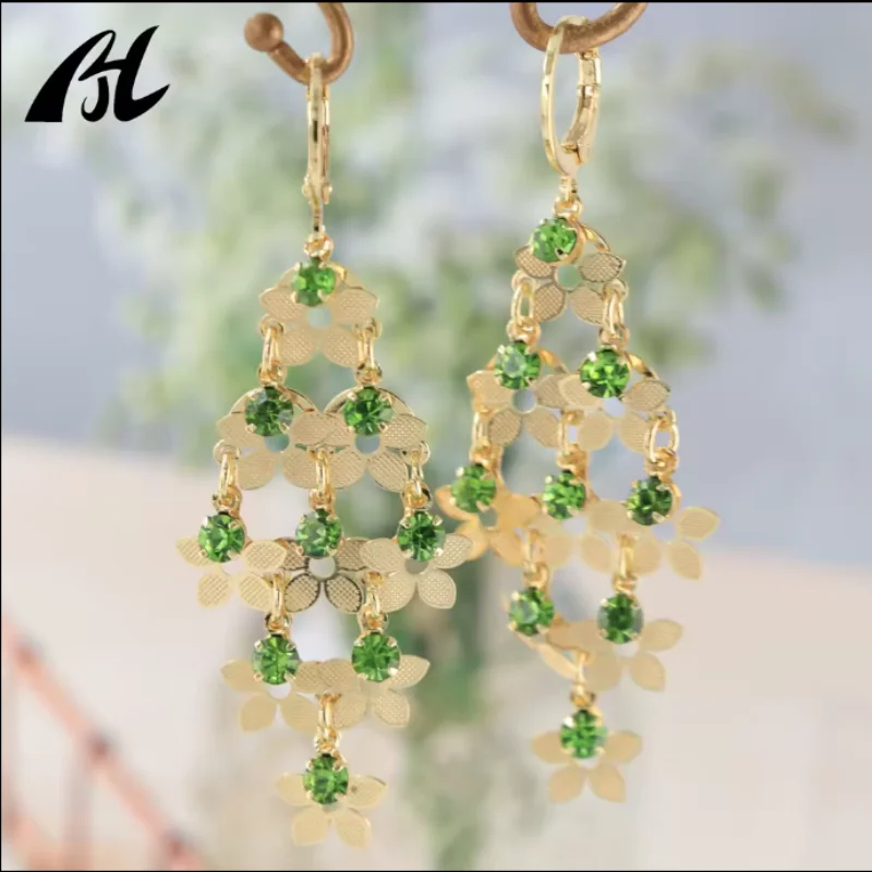 Hot Sale Exquisite Flower Ethnic Style Tassel Earrings Dangle Statement Colored Green Crystal Earring for Women Girl