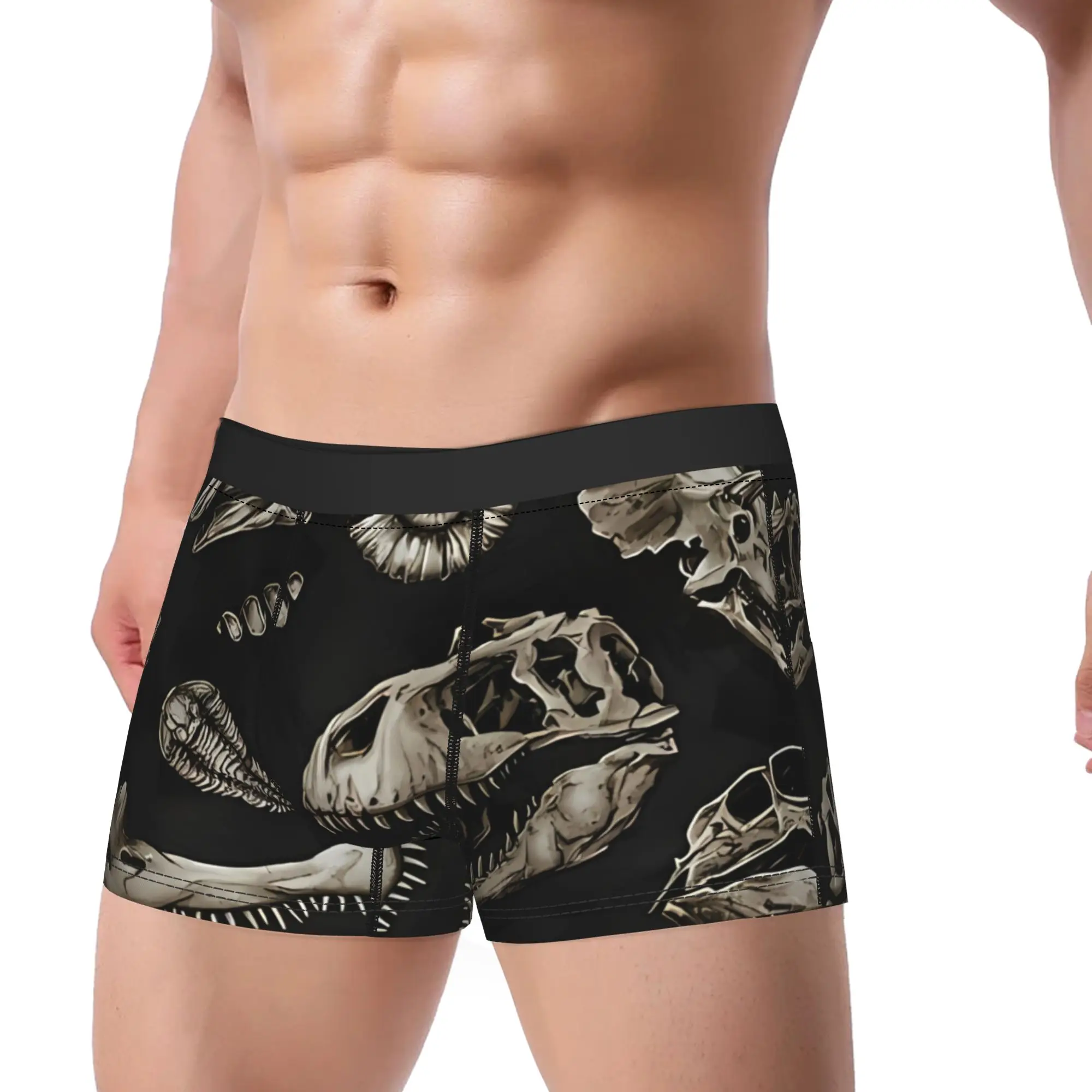 1piece Dinosaur Skull Sketch Tiled Pattern Black Natural  Underpants Breathbale Panties Man Underwear Print Shorts