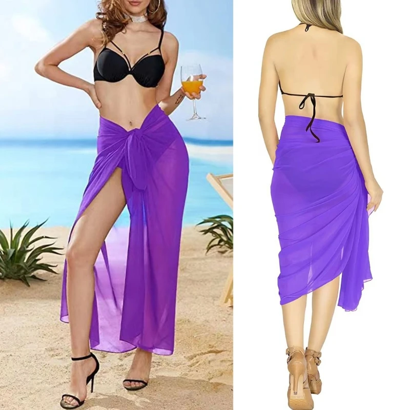 2024 New Beach-Sarong-Pareo for Womens Chiffon-Semi-Sheer Swimsuit Cover-Ups Side Tie Long Wrap Skirt for Swimwear Bathing Suit