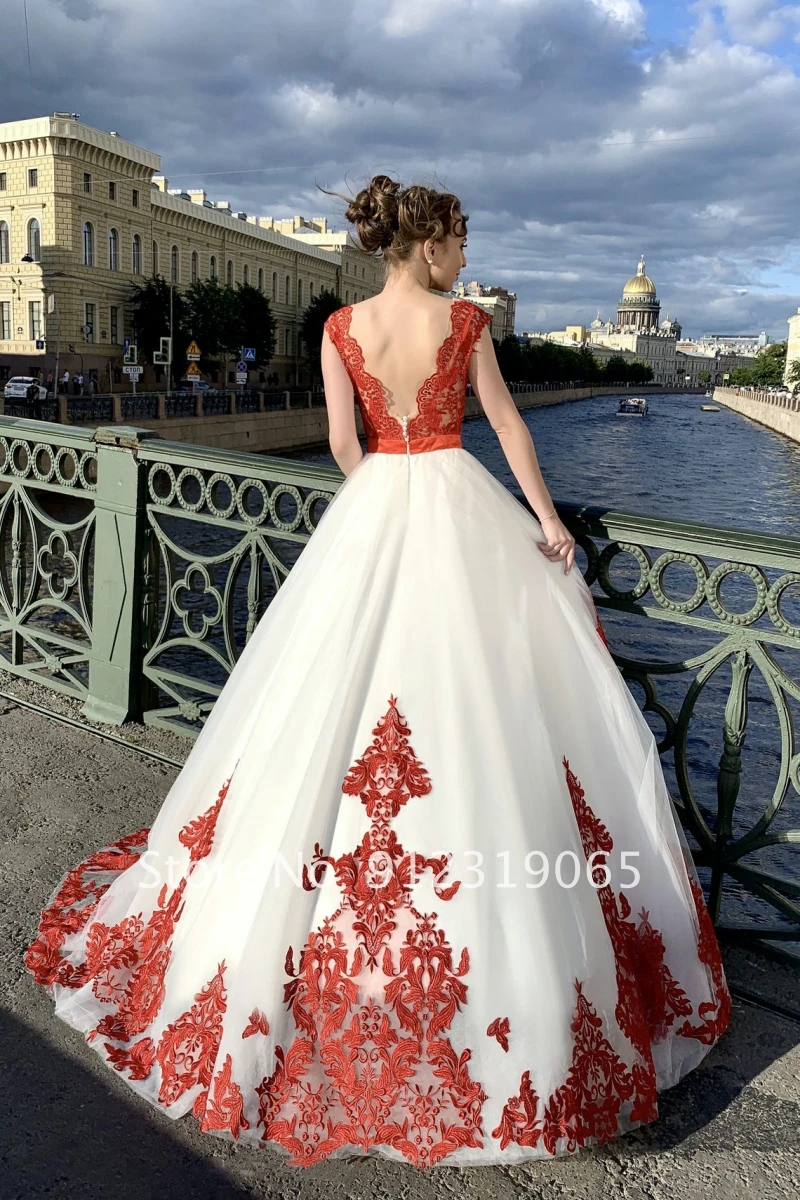 beautiful red and white wedding dress MADE to ORDER Handmade Red White Wedding Dress Train Red Gold Roses Dangling Leaves Red Gold Embroidered Appliques