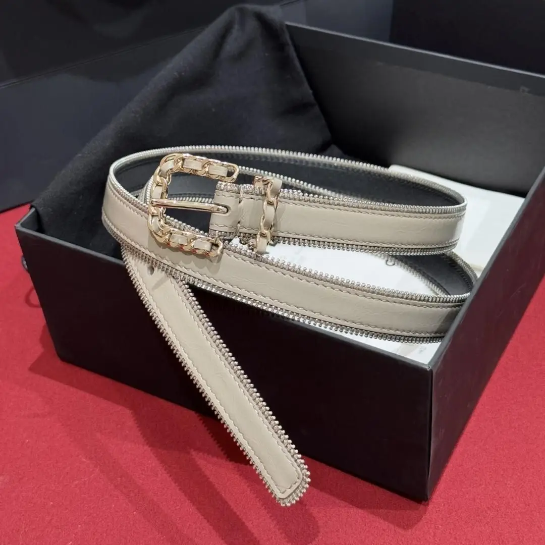 Fashion Women Genuine Leather Belt, Off-white Color, Rhinestone Edge, Gold Chain Pin Buckle, Multi Sizes