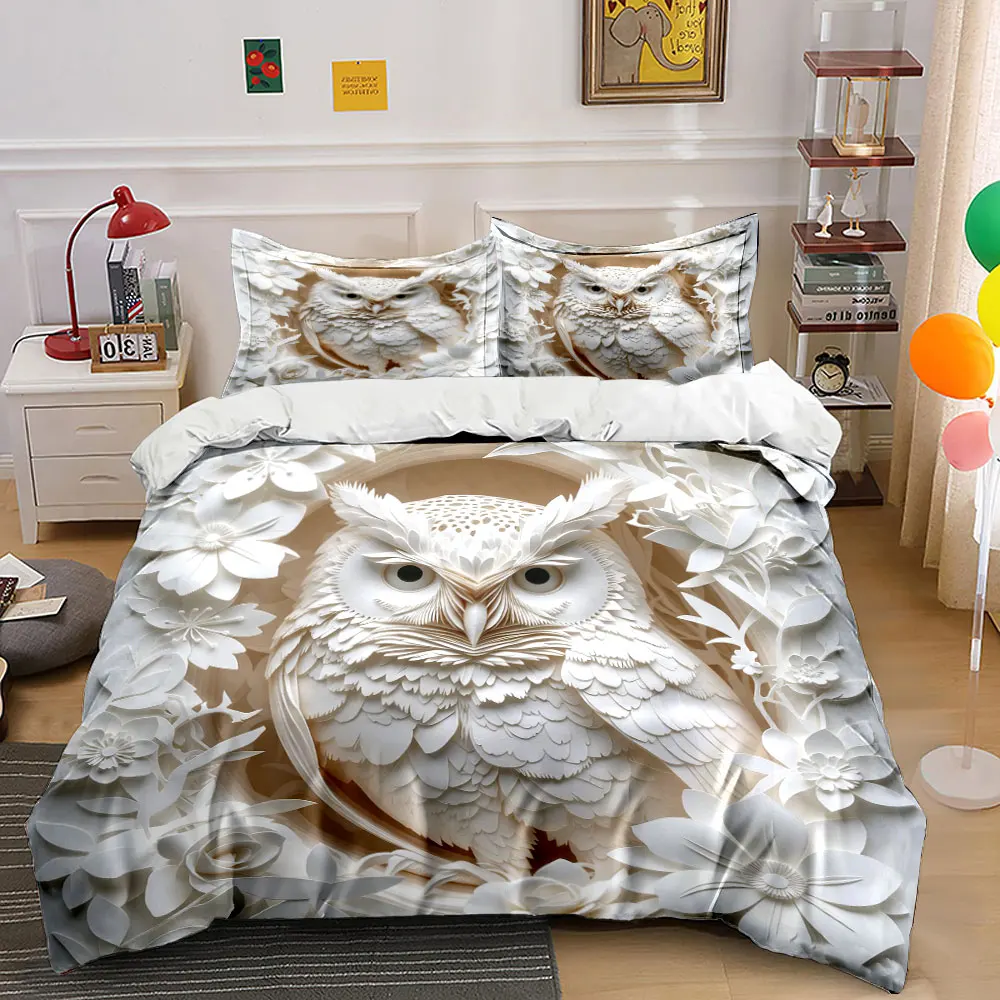 3pc 3D Plane White Owl Print Duvet Cover Set,King Queen Bedding for Bedroom Guest Room,Birthday Gift(1Duvet Cover+2 Pillowcases)
