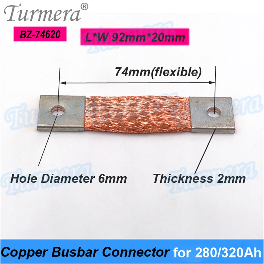 Turmera 12V Busbar Lifepo4 Battery Flexible Copper Connecter 56mm 74mm 2mm 400A for 200Ah 230Ah 280Ah 320Ah Lifepo4 Battery Use