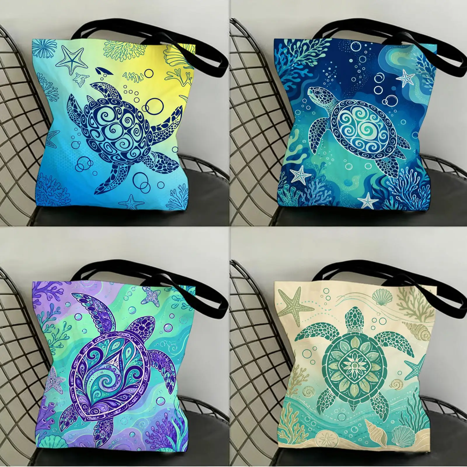 Sea Turtle Storage Bags Canvas Double-Sided Print Women Large Tote Bag Durable Beach Picnic Foldable Gift Eco