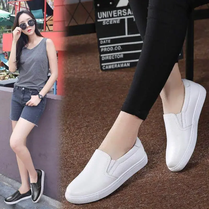 Women Ladies Female Gril Genuine Leather White Shoes Flats Platforn Sneakers Slip On Soft Vulcanized Shoes