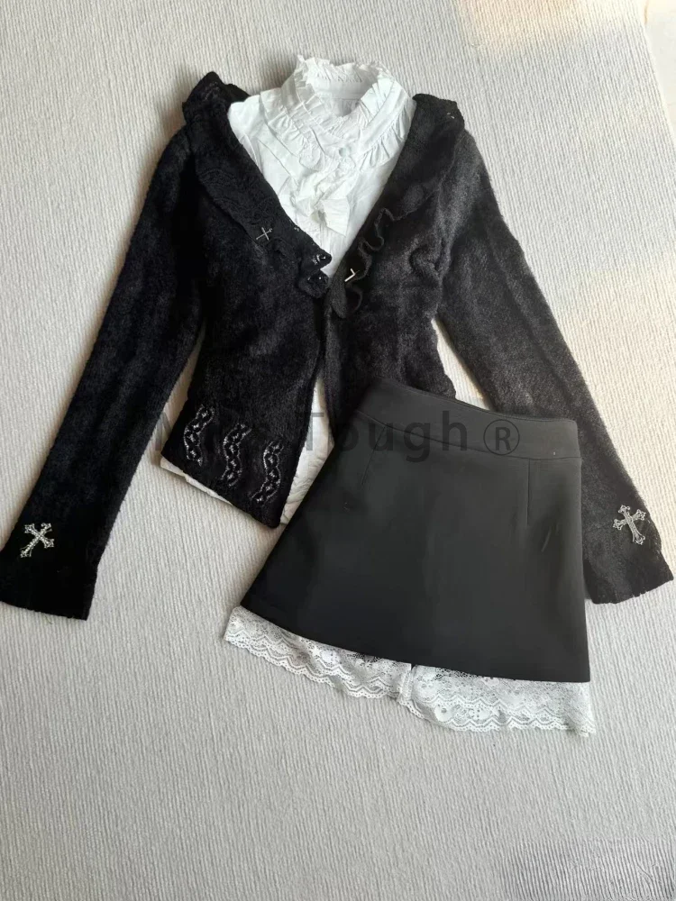 Herbst Frankreich Elegante Dünne 3-teiliges Set Frauen Design Hot Chick Aushöhlen Hemd + Lange Ärmel Strickjacke Hohe taille Rock Anzug