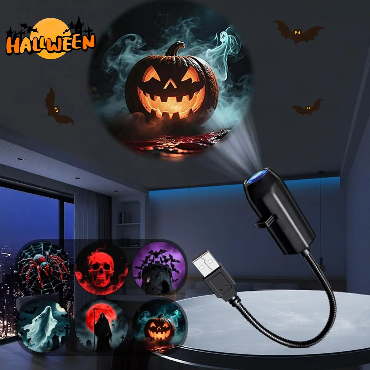 

2025 Halloween USB Projector Light Ghost Skull Night Light Switchable Pattern LED Projector Lamp for Room Ceiling Window Decor