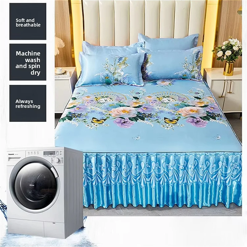 Floral Pattern Bed Skirt Set Mattress Anti Slip Protective Cover for Household Bedding Double Layered Skirt Dustproof Bed Covers 3