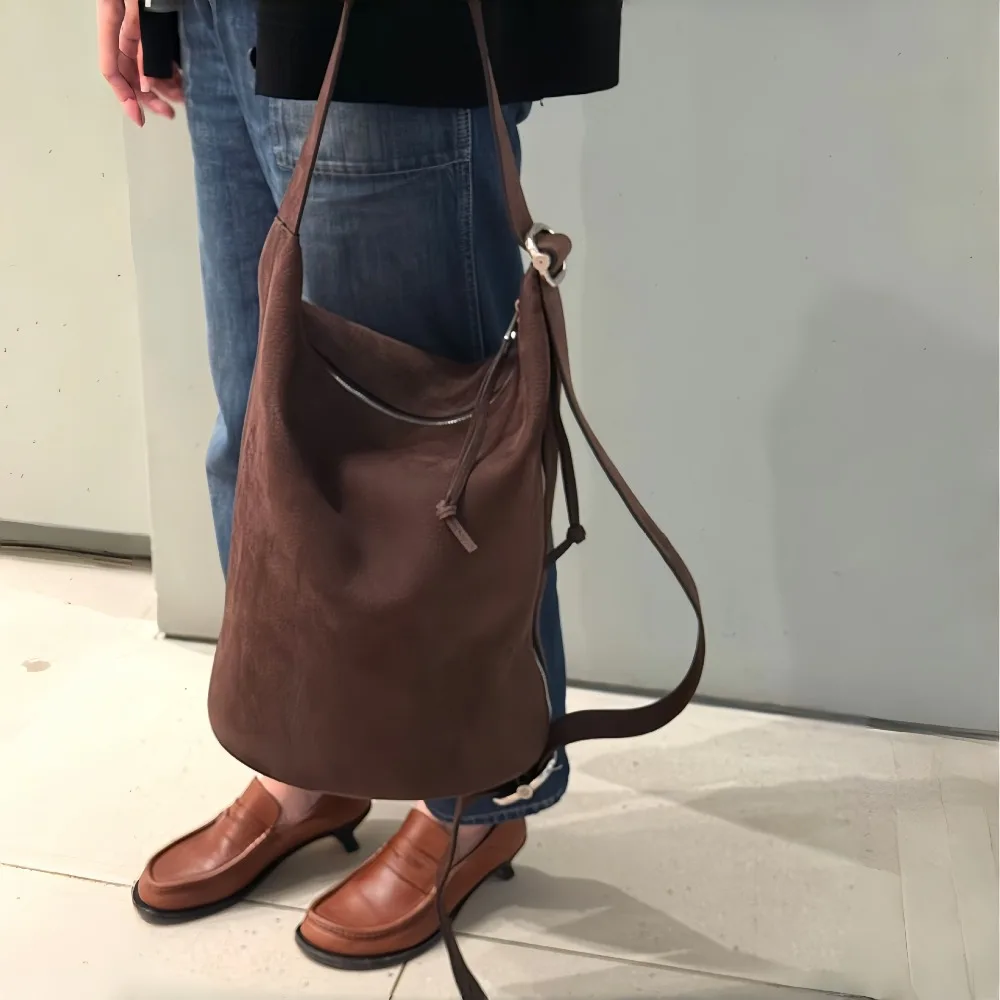 Suede Bucket Bag Vintage Maillard Large Capacity Commuter Crossbody Tote Unique Texture Fashion Simple Casual Daily Versatile