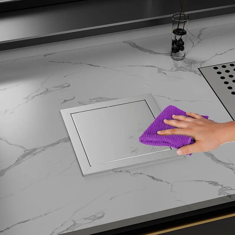Black Stainless Steel Countertop,Embedded Trash Can Lid,Household Kitchen Sink, Concealed Shaking Cover andFlip Cover Decoration