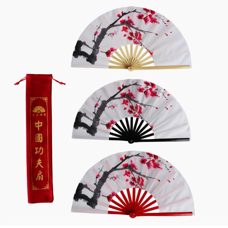 Ink Style Tai Chi  fan Bamboo Rib White Plum Blossom Fan Classical Kung Fu Ring Fan Fitness Cheongsam Show Dance Performance Fan
