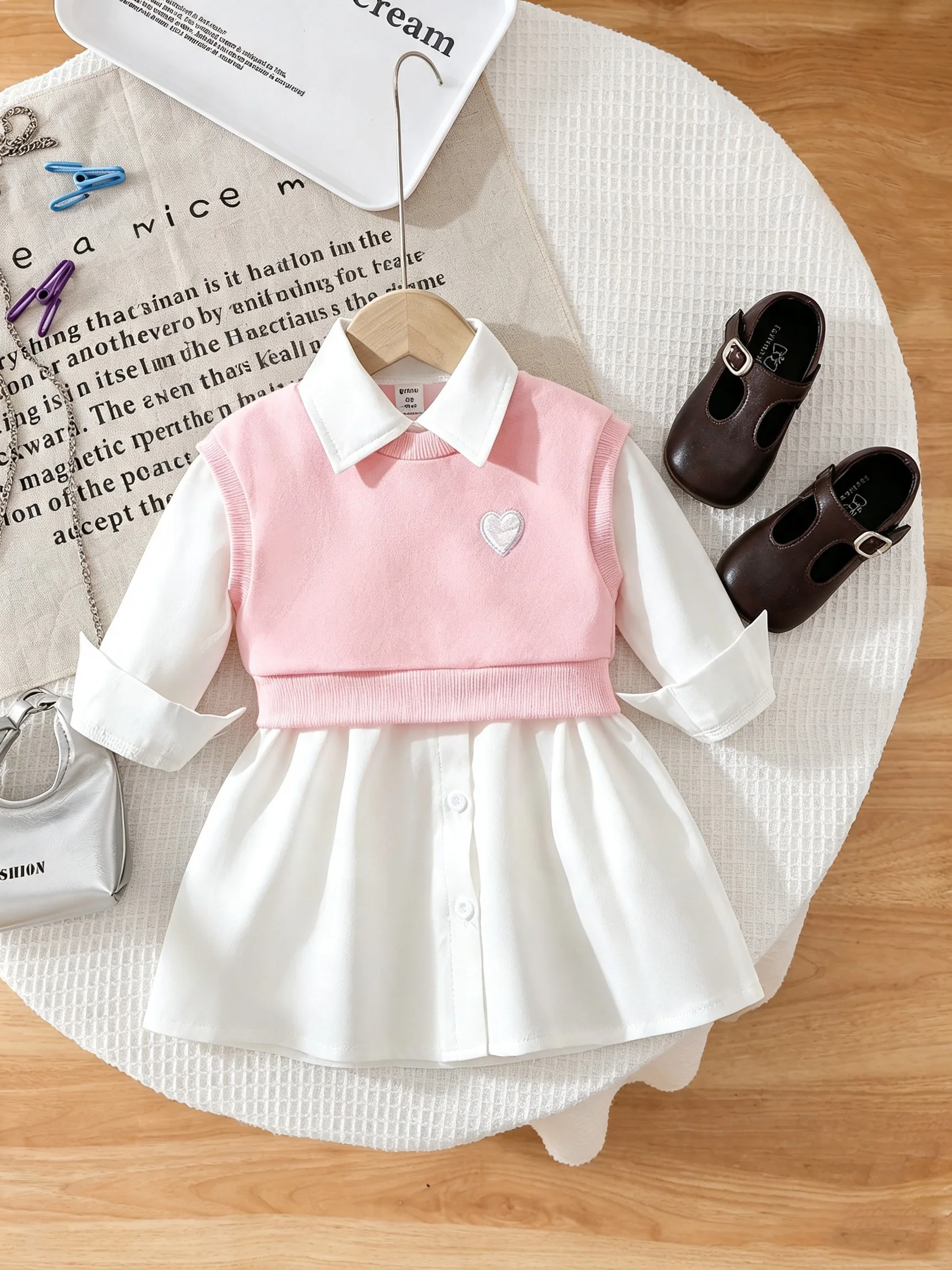 Heart-shaped embroidered pink knitted baby cardigan, shirt and dress set in two pieces - spring outfit for girls