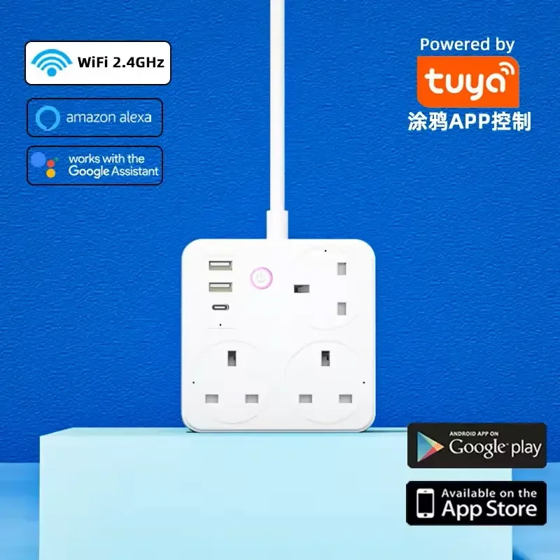 Tuya Smart WiFi Power Strip UK PD20W Energy Monitoring Fast Charging 2 USB + 1 Type C Port Alexa Control White 13A