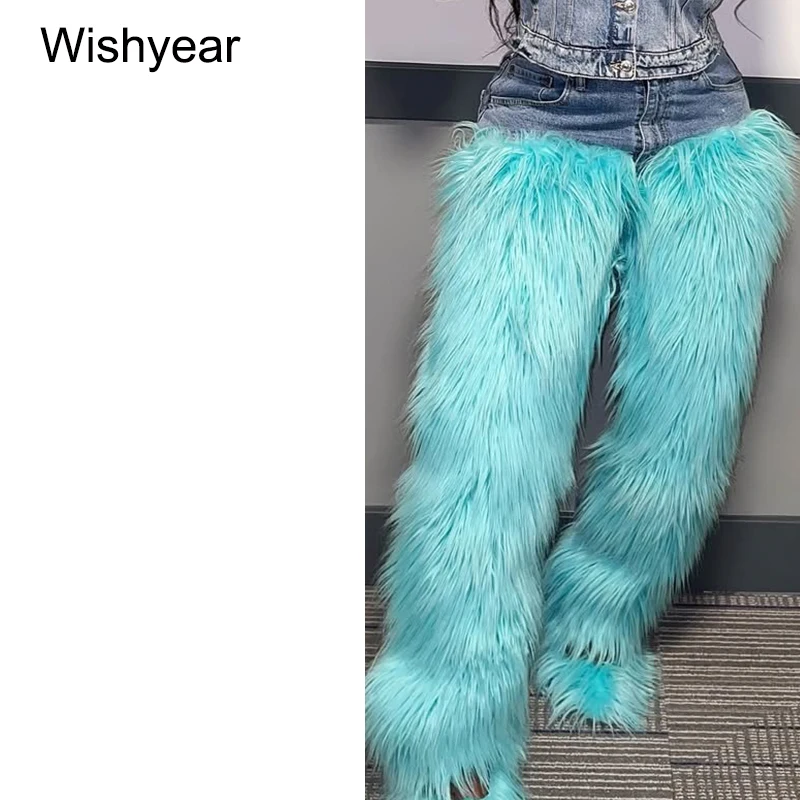 Blue Denim Fur Patchwork Bodycon Jeans High Waist Straight Tube Pants for Women Streetwear Winter Fall Y2K Boyfriend Bottoms