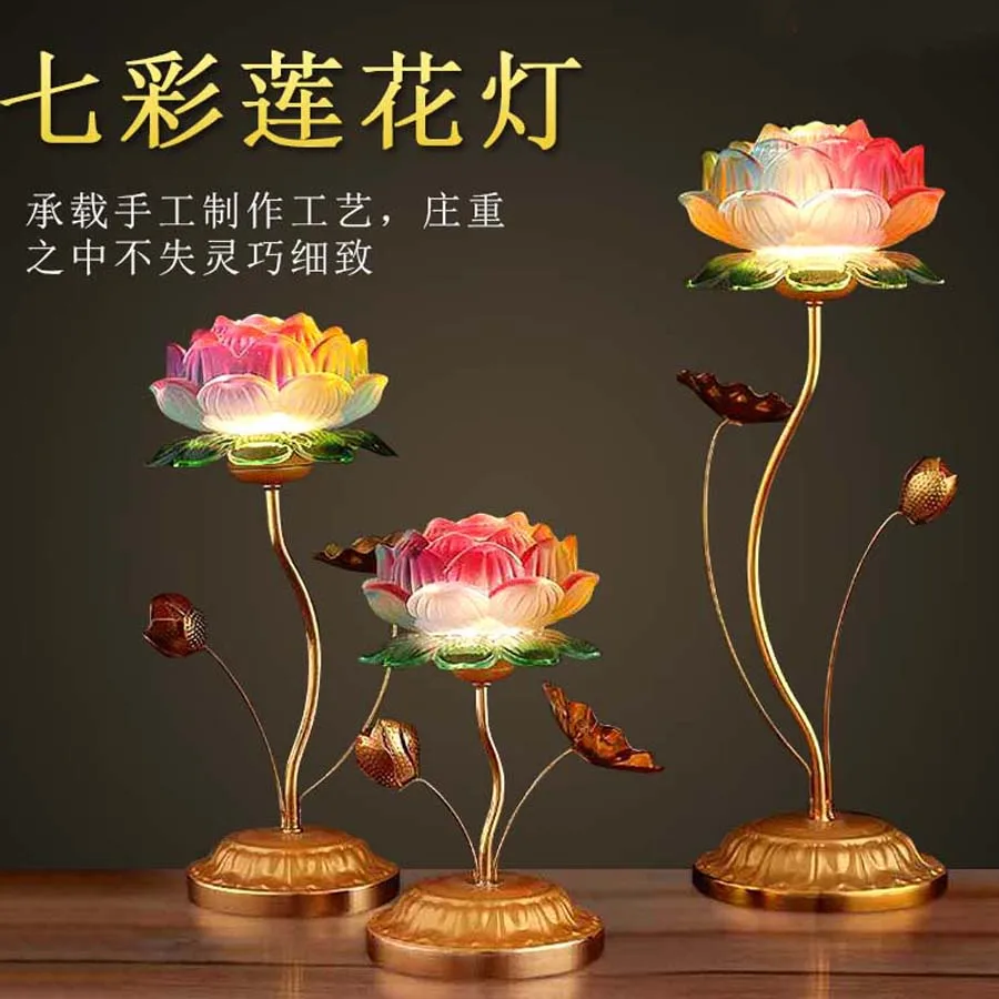 A PAIR 2PCS Buddhism high grade HOME Temple shrine enshrine worship Guanyin Buddha good luck safe lotus flower crystal lamp