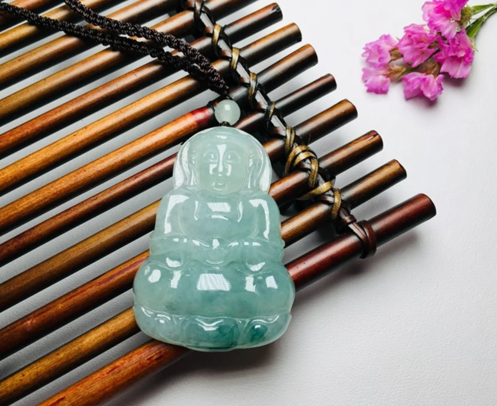 

Fine Jewelry Natural Jade A+ Jadeite Floating Flower Bottle Holding Guanyin Pendant for Women
