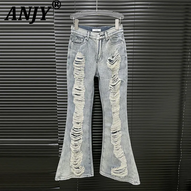 

ANJY Autumn New Women Hip Hop Streetwear Chic Y2K Distressed Bootcut Jeans American Retro Trendy Casual Denim Ripped Pants A7164