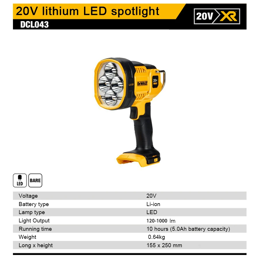 Imagem -02 - Dewalt Dcl043 Local de Trabalho Led Holofote 20v Portátil Led Worklight Bateria de Lítio Ferramentas Elétricas Lanternas para Ferramenta Nua ao ar Livre