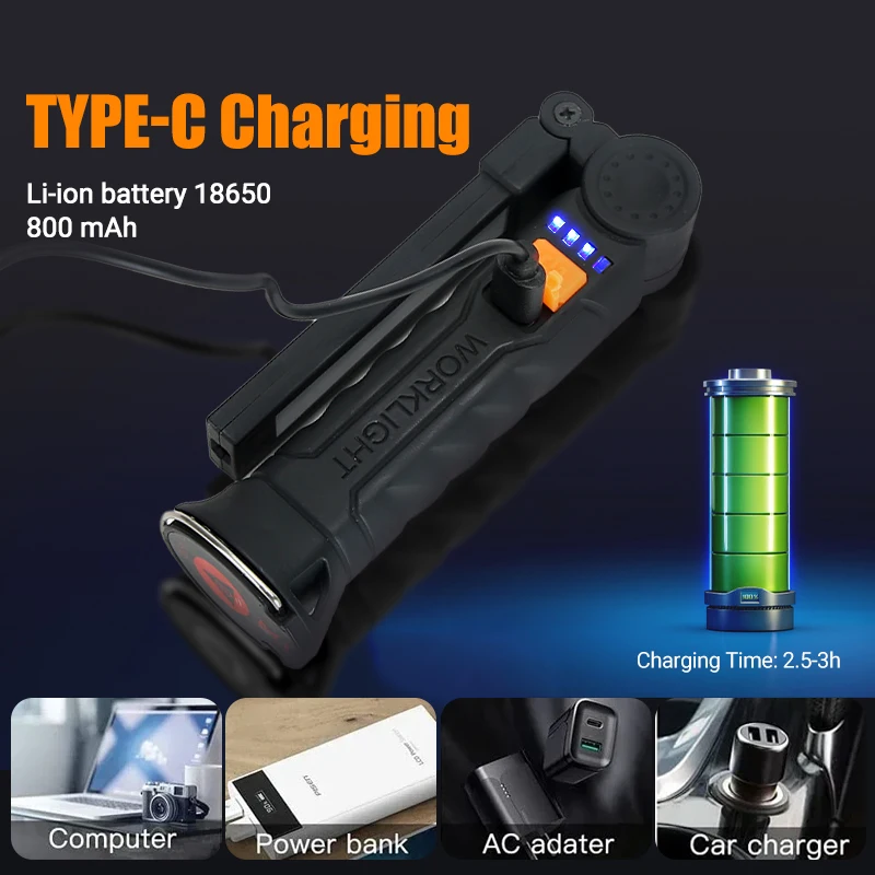 USB Rechargeable LED Work Light 600 Lumens COB Lantern with Power Display Emergency Magnetic Flashlight for Outdoor Car Repair