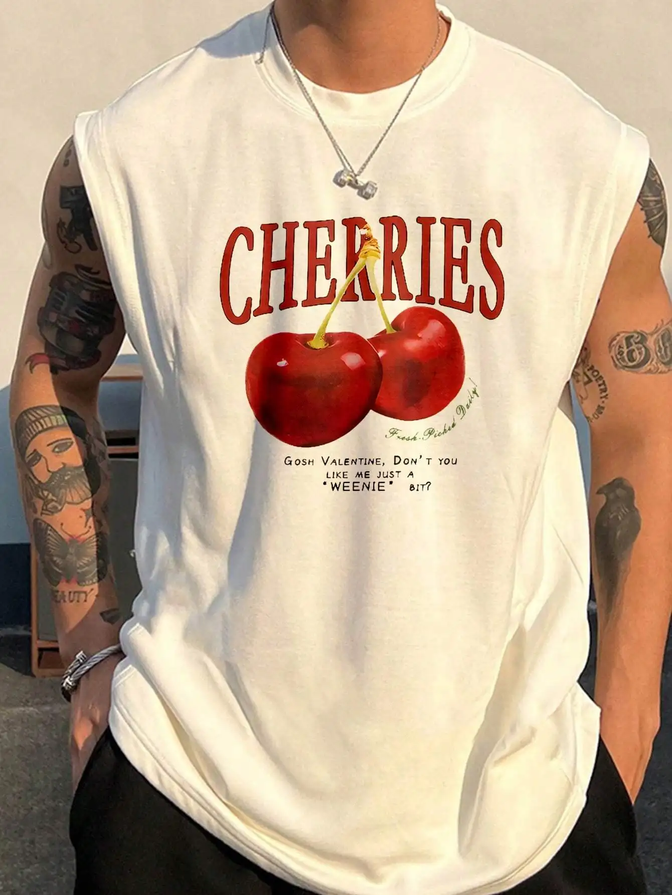Men's summer fashion casual sports loose cherry print comfortable breathable round neck sleeveless vest