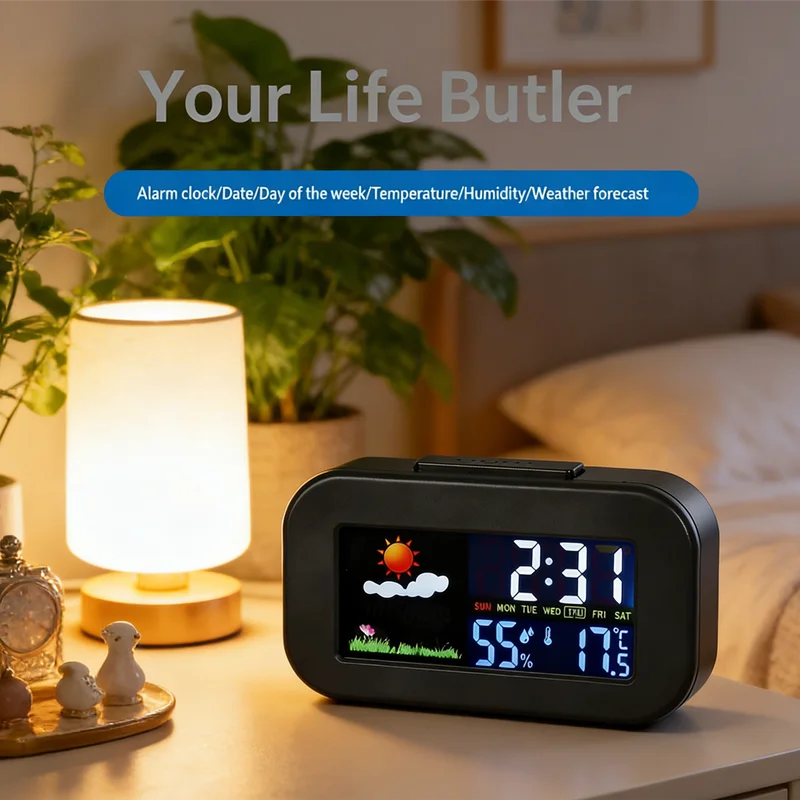Desktop Environment Monitor - Smart Weather Clock with Color Screen, Tracks Temperature & Humidity, Backlit Display for Bedroom